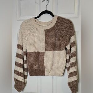 Altar’D State Colorblock Knit Cropped Sweater Cream and Brown Size XS
